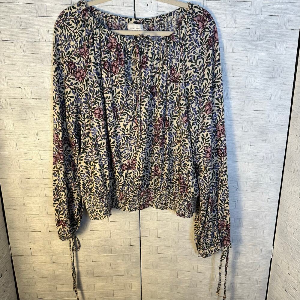 Lucky‎ brand peasant top balloon sleeve drawstring collar floral bohemian hippie